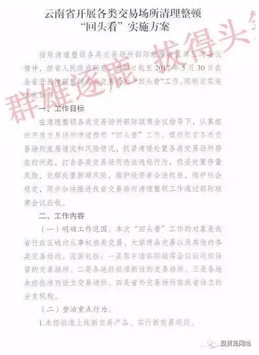 云南省“回头看”实施方案曝光：不重复设立同类交易场所，原则上一个行业一家